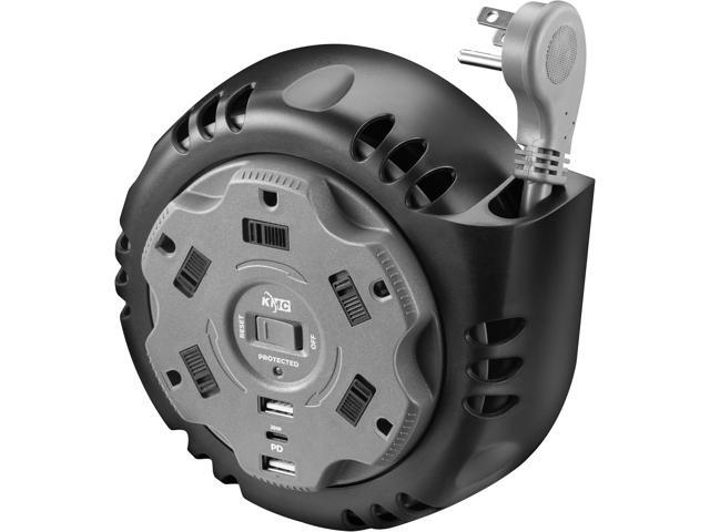 KMC 5-Outlet USB-C PD Surge Twist Retractable Power Strip Cord Reel, 2 USB-A & 1 USB-C Power Delivery, 735J Surge Protector, 8ft Retractable...