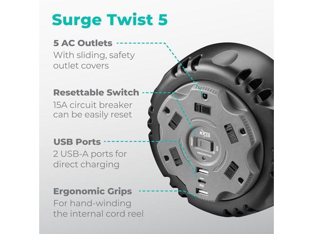 KMC 5-Outlet USB-C PD Surge Twist Retractable Power Strip Cord Reel, 2 USB-A & 1 USB-C Power Delivery, 735J Surge Protector, 8ft Retractable...