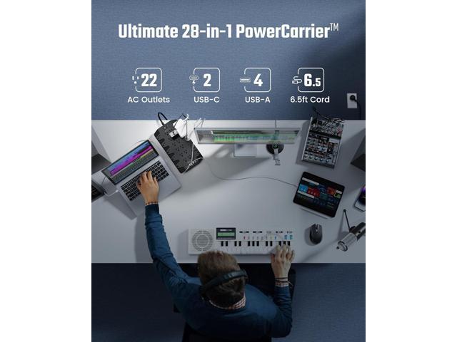 Power Strip, SUPERDANNY 2100J Surge Protector with 22 Outlets, 2 USB-C and 4 USB-A, 6.5Ft Flat Plug Heavy Duty Extension Cord (1875W/15A), Wall...