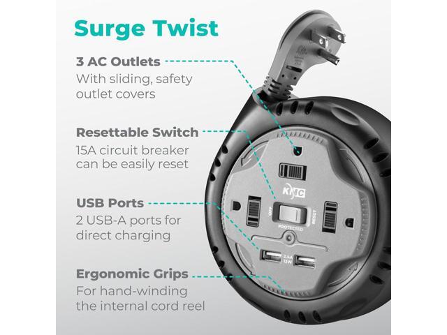 KMC 3-Outlet Surge Twist Cord Reel, 2 USB Ports, Retractable Power Strip Surge Protector, 735J Surge Protection, 5ft Retractable Extension Cord,...