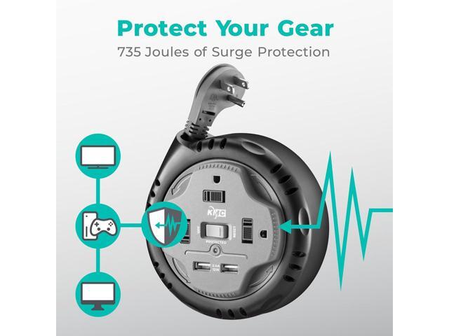 KMC 3-Outlet Surge Twist Cord Reel, 2 USB Ports, Retractable Power Strip Surge Protector, 735J Surge Protection, 5ft Retractable Extension Cord,...