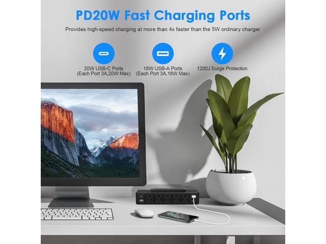 40W Under Desk Power Strip Mountable,20W USB-C Fast Charging Flat Plug Power Strip Surge Protector 1200J,9 in 1 Desk Outlet,5 Outlets,2 USB-C,2...
