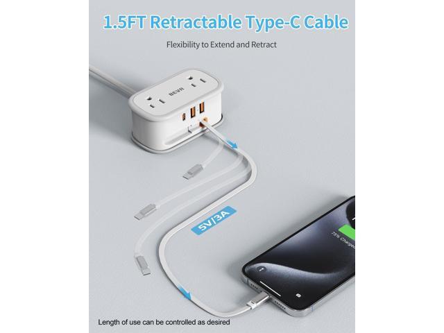 BEVA Travel Power Strip, Flat Plug Power Strip with Retractable USB C Cable, 5 FT Short Extension Cord with 2 AC Outlets 3 USB Ports(1 USB C),...