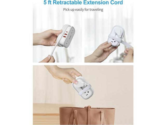 BEVA Travel Power Strip, Flat Plug Power Strip with Retractable USB C Cable, 5 FT Short Extension Cord with 2 AC Outlets 3 USB Ports(1 USB C),...