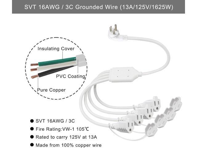 KUNCAN 4 Way Power Splitter - 45 Degrees Lower Right Corner Downward Angled US Flat Plug 1 to 4 Extended Outlets Male to Female SVT 16AWG Extension...