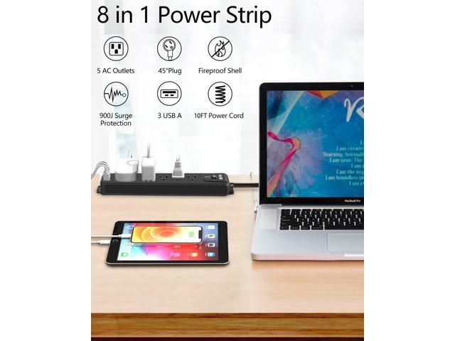 2 Pack Surge Protector Power Strip, 10FT Long Extension Cord with 5 Widely Spaced Outlets 3 USB Ports (1 USB C Port), Flat Overload Protection, 900...