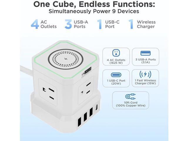 Wireless Charger Cube Power Strip with USB Ports, Power Strips with Surge Protection, 10ft Extension Cord with Multiple Outlets, 4 AC Plugs, 3 USB,...