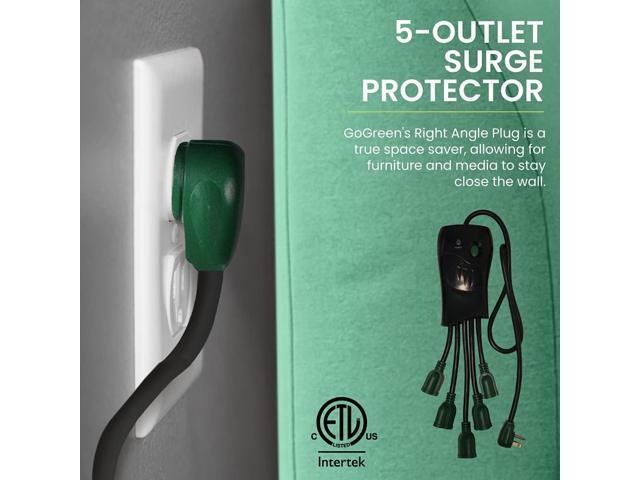 Go Green Power Inc. 5-Outlet Surge Protector, Black - Versatile, Space-Saving Right Angle Plug, One-of-a-Kind Design, Heavy Duty - Perfect for Home...