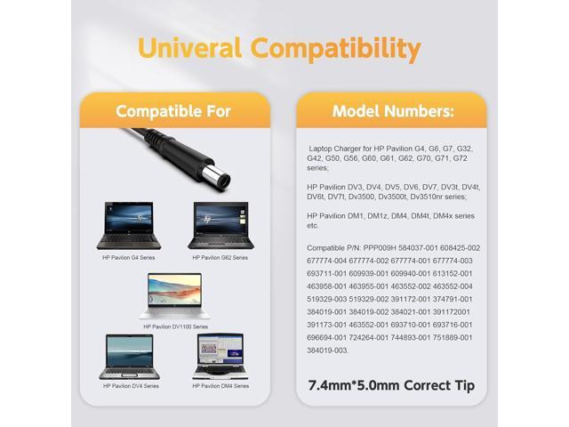 65W Laptop Charger for HP Pavilion G4 G6 G7 G60 G61 G62 G71 G72; Pavilion DV7 DV6 DV5 DV4 DV3 DV3t DV4t DV6t DV7t Dv3500 AC Adapter; DM1, DM1z DM4...