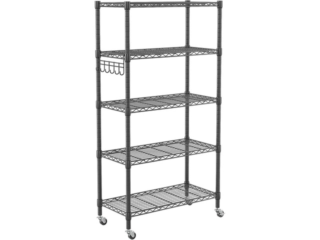 Homdox 5 Tier Metal Storage Shelves with Wheels, Heavy Duty Wire Shelving Unit, Adjustable Storage Racks with Side Hooks for Bathroom Kitchen...