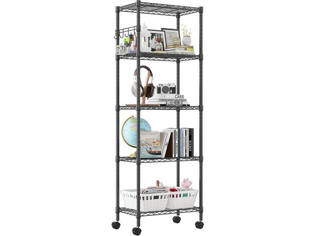 Homdox 5 Tier Wire Shelving Unit on Wheels, Adjustable Storage Racks and Shelving, Heavy Duty Rolling Metal Shelves with Side Hooks for Laundry...