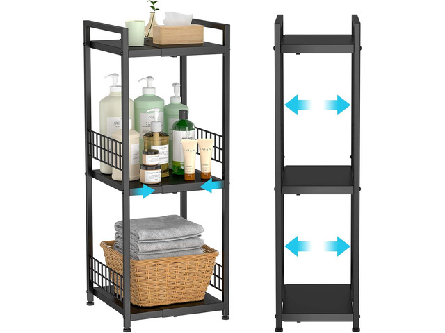 DAOUTIME 3-Tier Metal Shelving Unit, Expandable, Free-Standing, Narrow, Open Floor Shelves, Ideal for Bathroom, Kitchen, Laundry, Storage,...