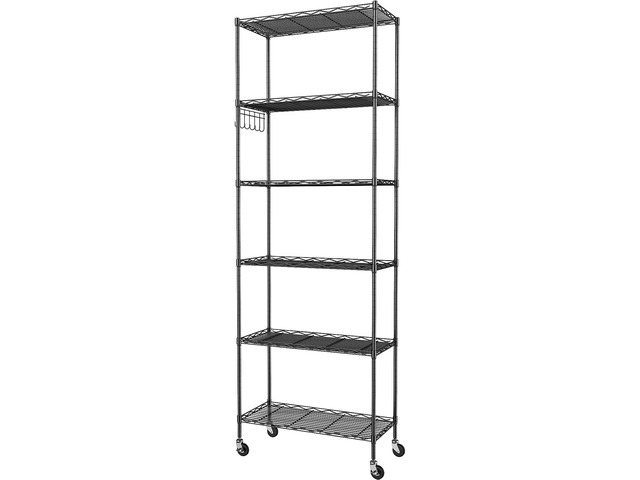 Homdox 6-Tier Storage Shelf Wire Shelving Unit Free Standing Rack Organization with Caster Wheels, Stainless Side Hooks, Black