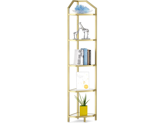 5-Tier Corner Shelf Stand, Gold Corner Bookshelf, Bathroom Storage Rack Shelf, Plant Rack, Tempered Glass, Steel Frame, Modern Style for Living...