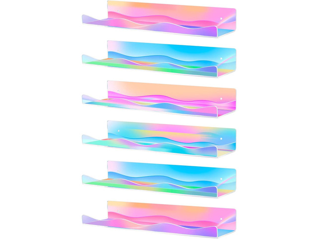 6 Pack Iridescent Acrylic Floating Shelves, 15.7' Clear Acrylic Display Shelves Bookshelf Wall Mounted, Bathroom Kids Room Home Storage Wall Decor...
