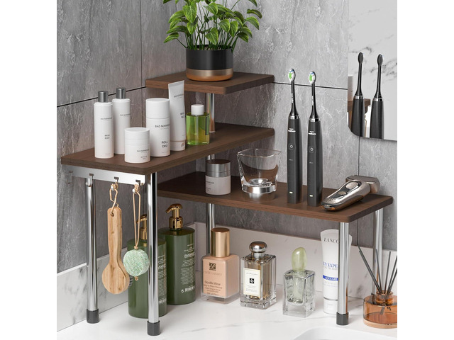 ZHWS Bathroom Counter Organizer for MakeUps, Dresser Table, Kitchen Countertop Organizer Adjustable 3 Tier Corner Shelf with 4 Metal Hooks for...