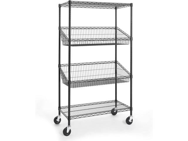 CAPHAUS NSF Commercial Heavy Duty 4 Tier Wire Shelving with Two Trapezoid Baskets, Wheels, Leveling Feet, Black Storage Shelf for Basement Garage...