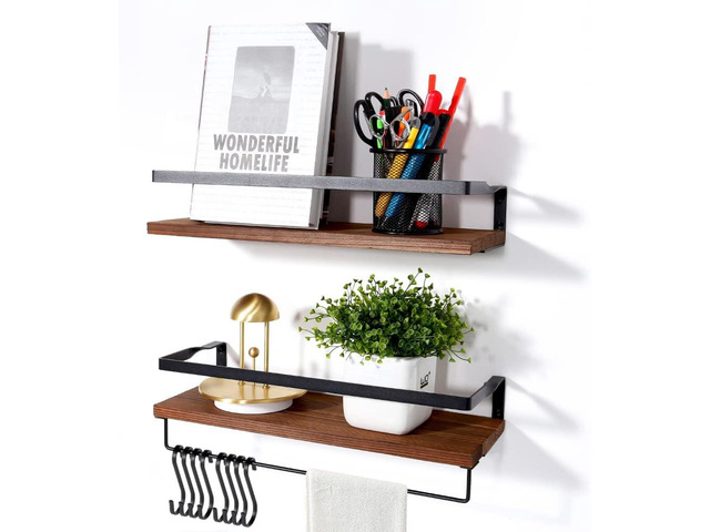 Uten Floating Shelves Set of 2, Wood and Metal, Towel Holder and Hooks