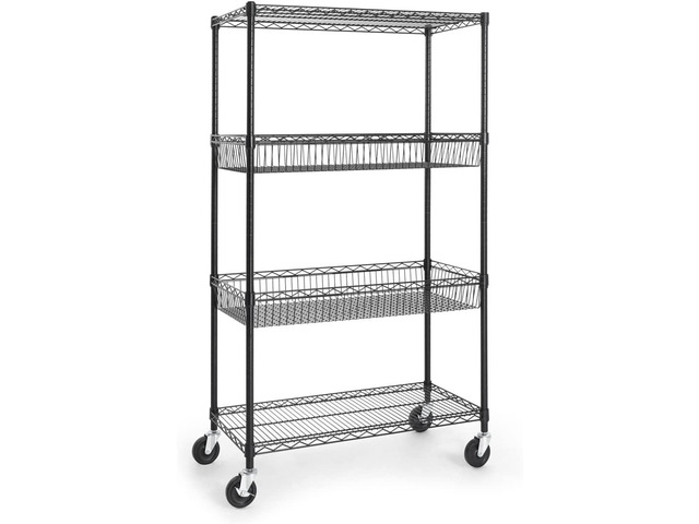 CAPHAUS NSF Commercial Heavy Duty 4 Tier Wire Shelving w/Two Rectangle Baskets, Wheels, Leveling Feet, Storage Metal Shelf, Basement Garage...