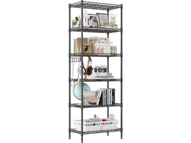 Homdox 6-Tier Storage Shelf Wire Shelving Unit Free Standing Rack Organization Adjustable Leveling Feet, Stainless Side Hooks, Black