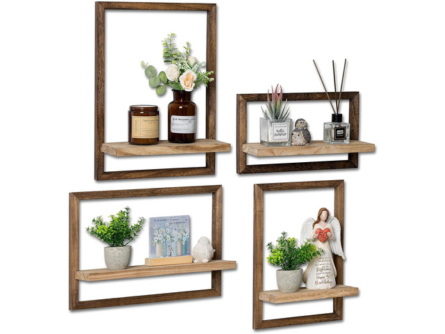 Rustic Wooden Floating Shelves: Farmhouse wall Decor, Set of 4