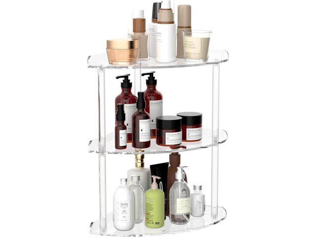 Sezanrpt 3 Tier Acrylic Corner Shelf Organizer Storage 9.5x9.5x15.7 Inch, Transparent Countertop Corner Shelf for Bathroom, Kitchen, Bedroom,...