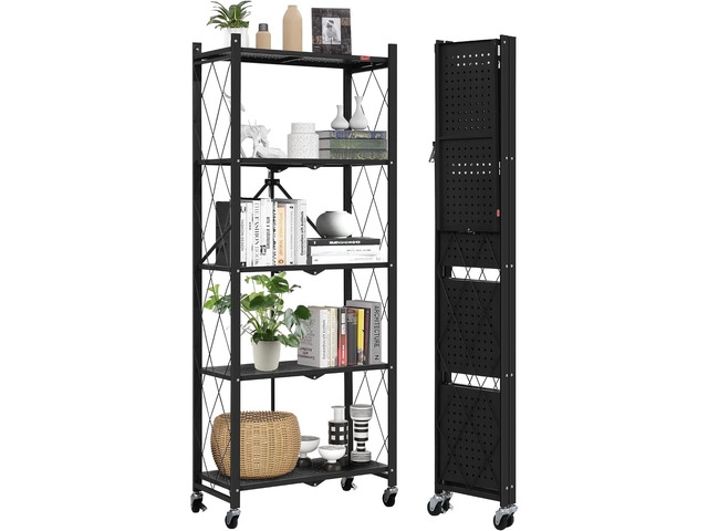 DEANIC 5-Shelf Folding Bookcase with Wheels, Rolling Bookshelf Heavy Duty Storage Shelves, Freestanding Metal Wire Shelving Unit for Living Room,...
