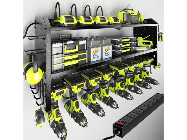 Power Tool Organizer with Charging Station, Built in 8 Outlet Power Strip,Large 8 Drill Holder Wall Mount, Heavy Duty Metal Power Tool Storage Rack...