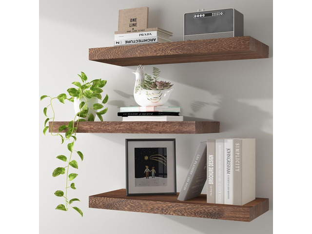 Floating Shelves Wall Shelf Solid Wood Mounted Storage for Bedroom Living Room Set of 3, Rustic Brown Wall Shelves
