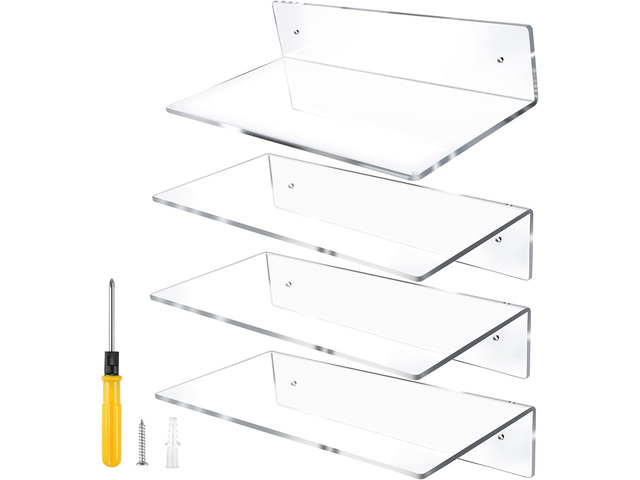 Jansburg 12 Inch L-Shaped Acrylic Floating Shelf Clear Wall Mounted Shelves Invisible 5MM Thick Shelf for Wall Storage Clear Shelves for Makeup...