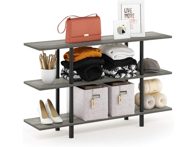 Furinno Turn-N-Tube 3-Tier Wide Display Shelf, French Oak Grey/Black