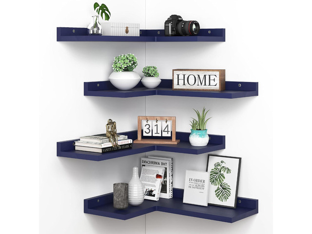 4 Tier Floating Shelves - Navy Blue Set of 4, Rustic Pine Wooden L Shaped Corner Wall Shelf for Wall Decor Storage, Bedroom, Living Room, Bathroom,...
