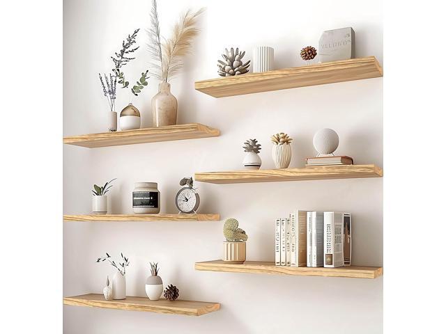 PHPH 24 Inch Wood Floating Shelves for Wall, Wooden Wall Shelves for Bedroom, Set of 6 Light Brown