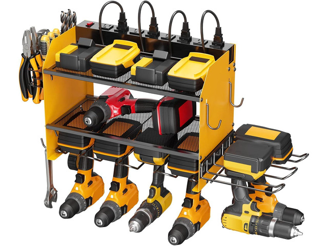 CCCEI Modular Power Tool Organizer Wall Mount Charging Station, Yellow 6 Drills Holder with 8 Plug Power Strip, Garage Drill Battery Heavy Duty...