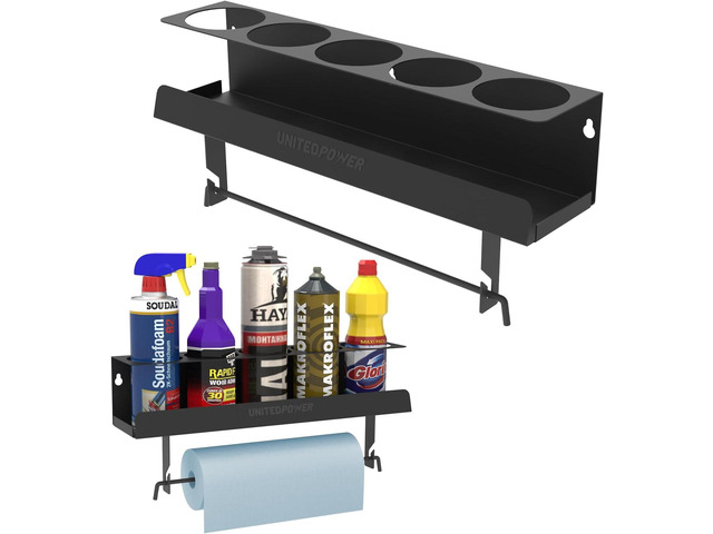 UNITEDPOWER 5 Aerosol Spray Can/Paper Towel Holder, Paint Bottle Storage Rack, Steel Wall Mount Shelf, Tool Organizer for Garage, Craft Workspace...