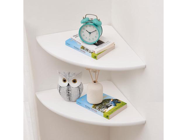 Corner Shelves, White Floating Corner Shelf, Set of 2 12inch Solid Oak Wood Wall Shelves, Round End Wall Mount with Wire Hole for Small Plant for...
