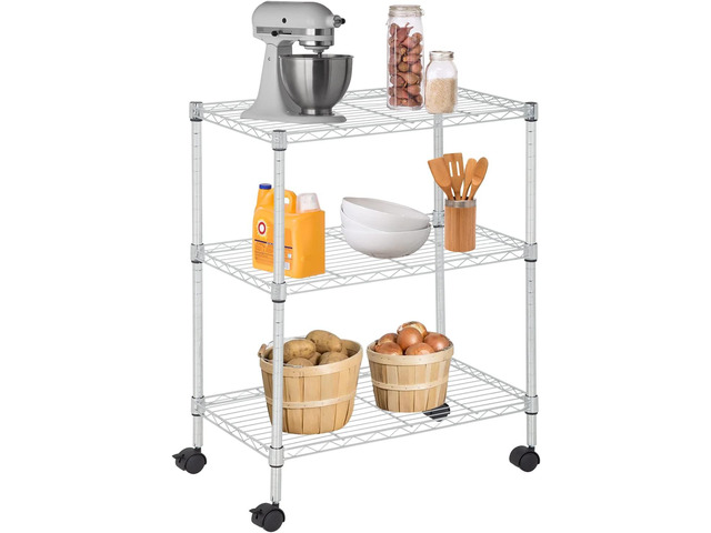FDW 3 Tier Wire Shelving Metal Storage Shelves 23L x 13W x 32H Layer Storage Shelves with Wheels for Kitchen Garage Small Places,Chrome