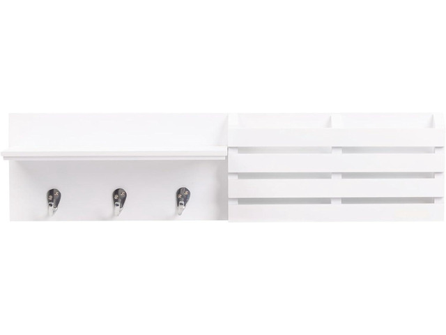 Kiera Grace Sydney Floating Shelf, Modern Wall Mounted Shelf with 3 Metal Hooks and Mail Holder for Home, Office, 24', White, 1Pack