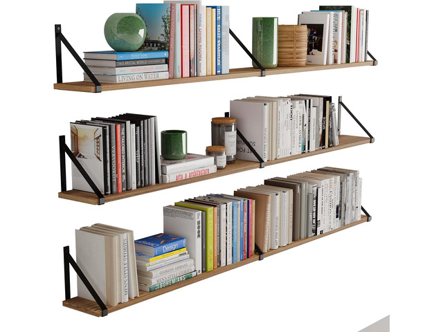 Wallniture Bora 60' x 6' Rustic Floating Shelves for Wall, Shelves for Bedroom, Office & Kitchen Storage Shelf, Wall Bookshelf, Set of 3, Burnt, Wood