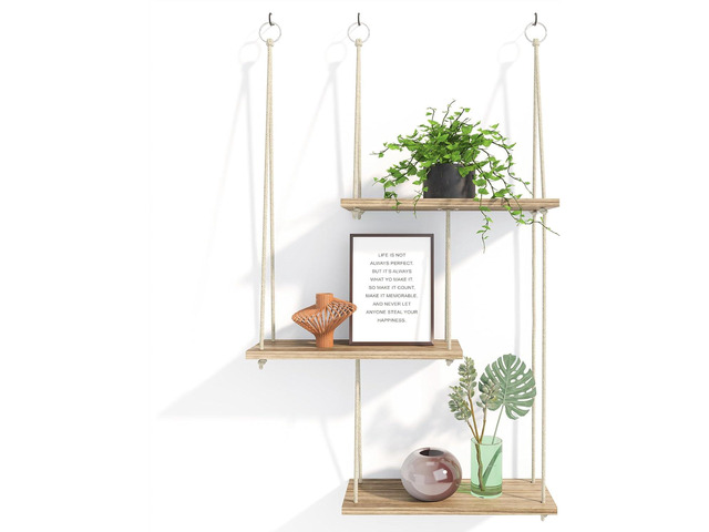 Fixwal Hanging Plant Shelves for Wall, 3 Tier Boho Wall Decor Plant Rack Floating Shelves Rope Rustic Wood Organizer Storage Hanger for Aesthetic...