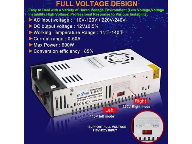 New Version AC to DC Converter, EAGWELL SMPS 110V AC to 12V DC Converter Power Supply Adjustable Switch Power Supply Transformer Max 50A 600W