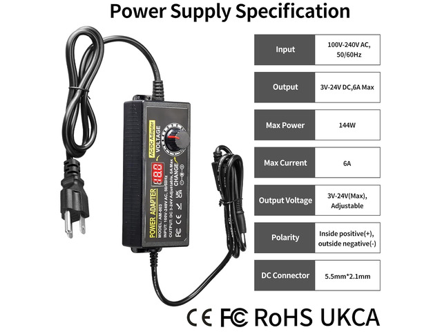 3V~24V 6A 144W Adjustable Power Supply 3V 5V 6V 9V 10V 12V 15V 18V 20V 24V Universal Variable Switching Power AC/DC Adapter,100V-240V AC to DC...