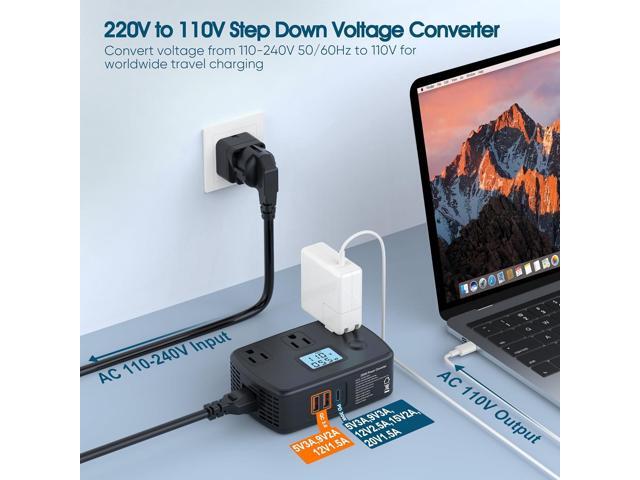 Power Converter Adapter Combo 220v to 110v, Universal Travel Adapter with 3 AC Outlets + 2 QC3.0 + 1 PD30W + LCD Display, 250W Voltage Converter...