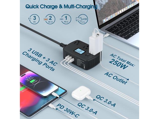 Power Converter Adapter Combo 220v to 110v, Universal Travel Adapter with 3 AC Outlets + 2 QC3.0 + 1 PD30W + LCD Display, 250W Voltage Converter...