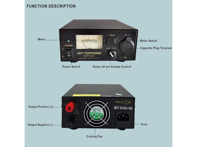 13.8V 30A Power Supply for Ham Radio - AC to DC Converter with Cigarette Lighter Socket & Cooling Fan, STP1330 (SKY TOPPOWER)