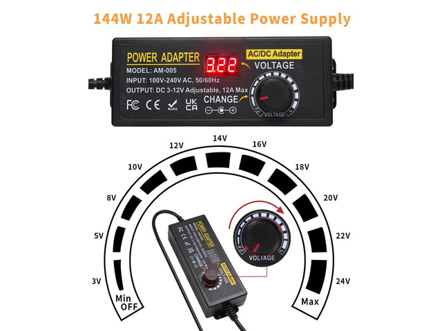 3~12V 12A 144W Adjustable Universal Power Supply Adapter, 3V 4V 5V 6V 7V 8V 9V 10V 11V 12V Variable DC Power Supply with Voltage Display 100V-240V...