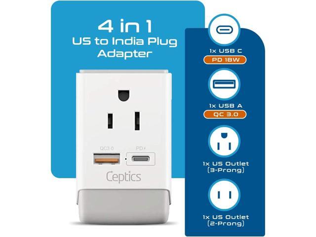 Ceptics US to India Plug Adapter, Type D Plug Adapter QC 3.0 & PD, Safe USB & USB-C 18W, India Plug Adapter Fast Charging - 2 USA Socket Compact &...