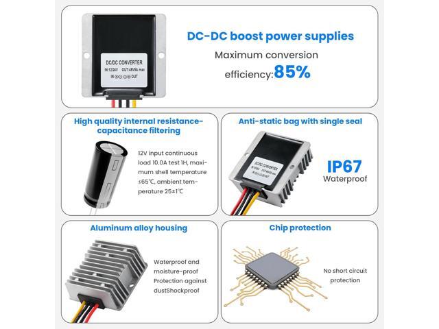 DC 12V Boost to 48V 5A Converter, 12V to 48V DC/DC Step-up Controller with Terminal Block, Waterproof Transformer for Automotive
