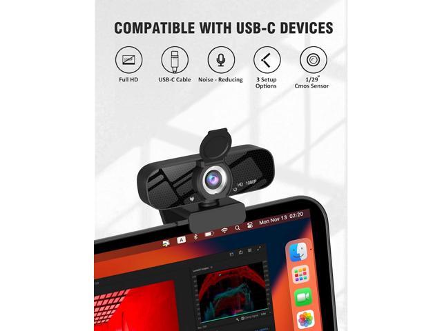 USB HD Webcam with Built-in Microphone and Rotatable Tripod, 1080P Video, Wide Angle Camera, Privacy Cover, for Desktop PC or Laptop ComputerBlack