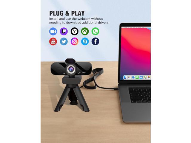 USB HD Webcam with Built-in Microphone and Rotatable Tripod, 1080P Video, Wide Angle Camera, Privacy Cover, for Desktop PC or Laptop ComputerBlack